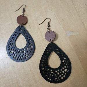Brown & Black Colored Tear-drop Boho Dangle Earrings Faux Leather with Wood Disk